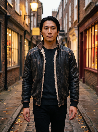 Distressed Leather-Look Sherpa Jacket – Black – lifestyle