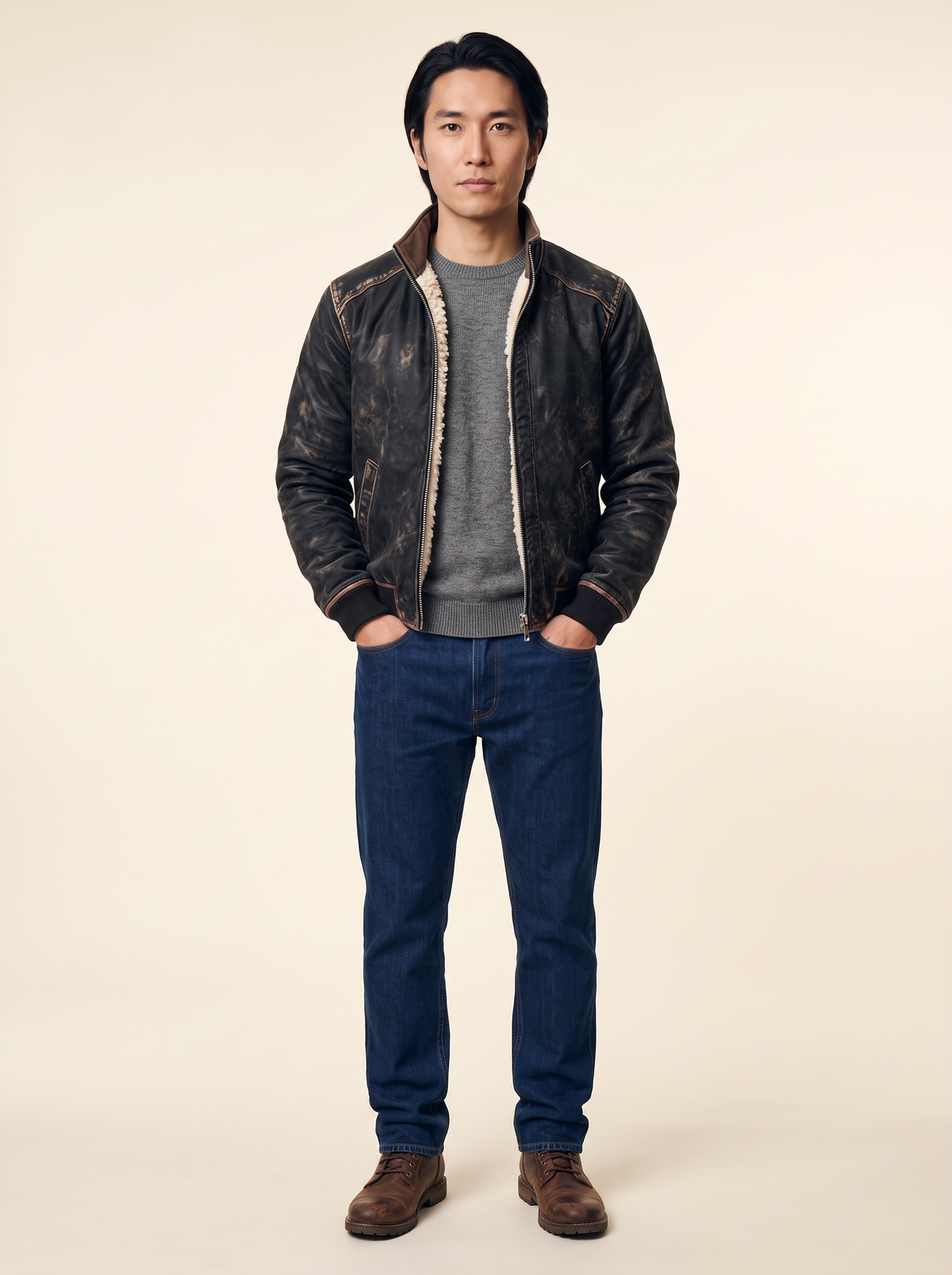 Distressed Leather-Look Sherpa Jacket – Black – on model