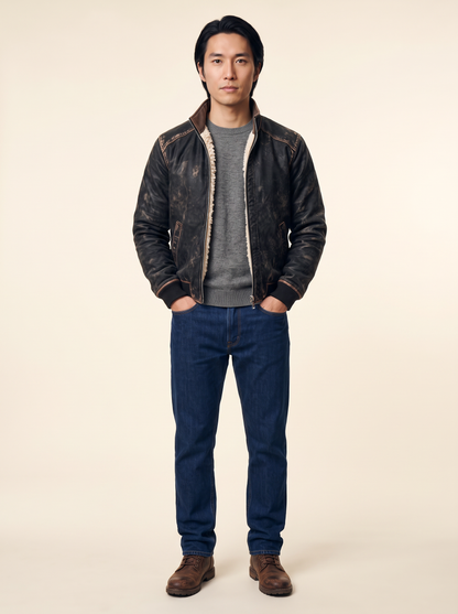 Distressed Leather-Look Sherpa Jacket – Black – on model