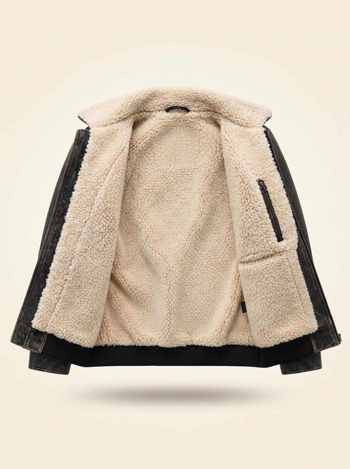 Distressed Leather-Look Sherpa Jacket – Black – inside lining view