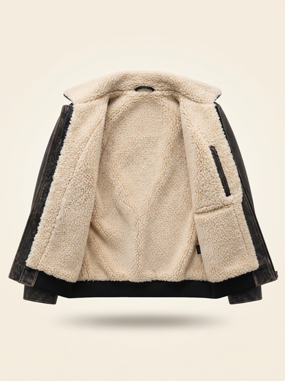 Distressed Leather-Look Sherpa Jacket – Black – inside lining view
