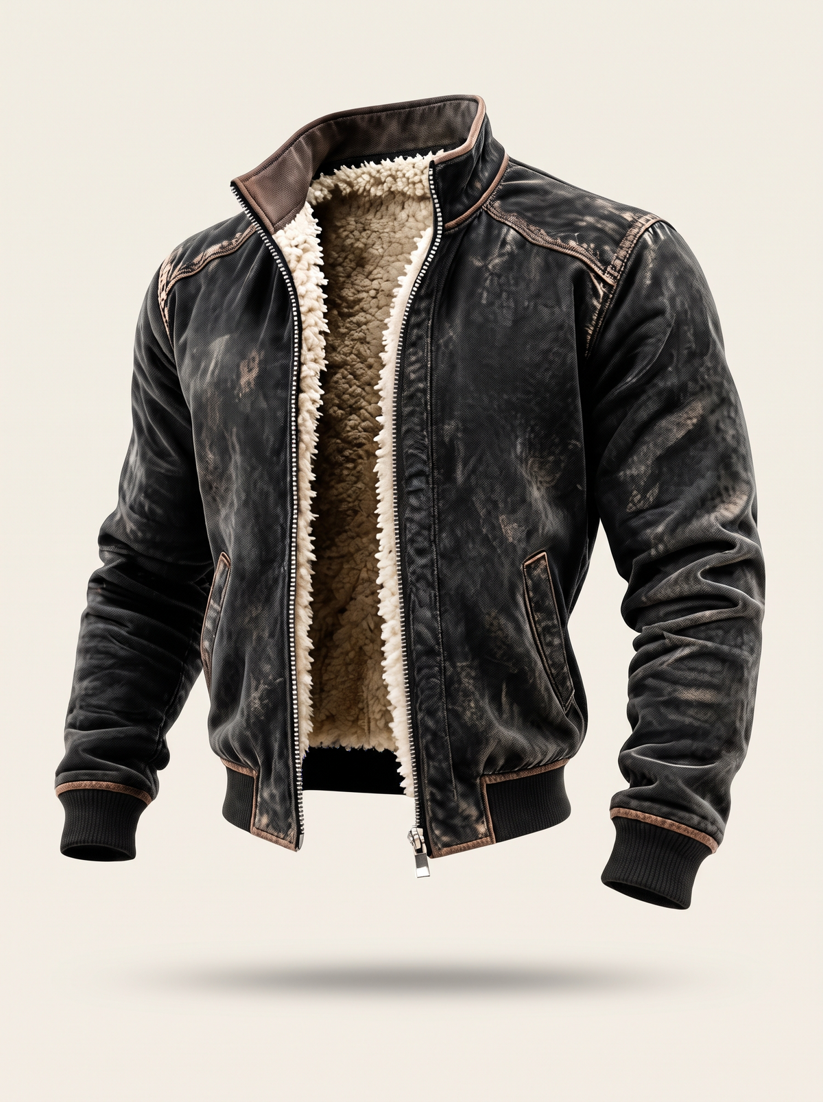 Distressed Leather-Look Sherpa Jacket – Black – product view