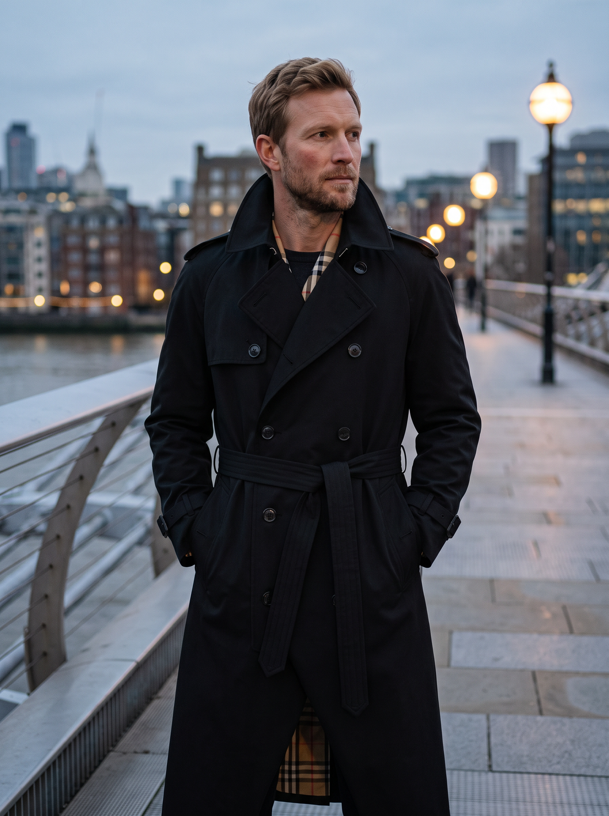Long Double-Breasted Trench Coat – Black – riverside at dusk