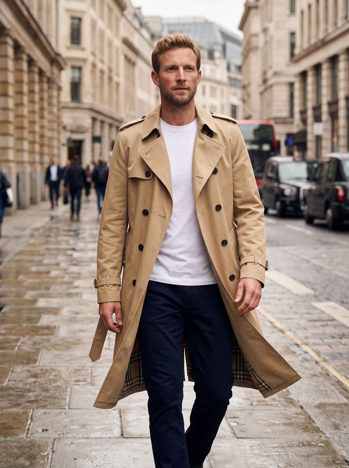 Long Double-Breasted Trench Coat – Khaki – city street