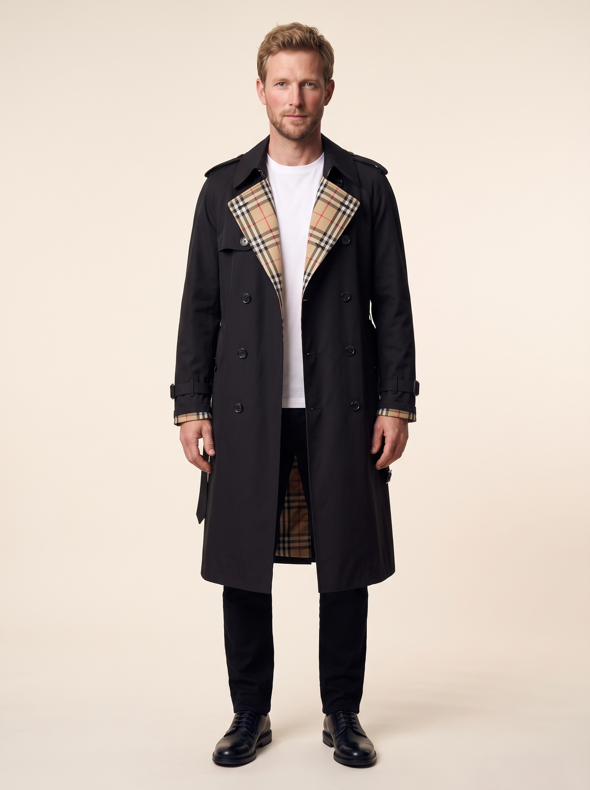 Long Double-Breasted Trench Coat – Black – on model