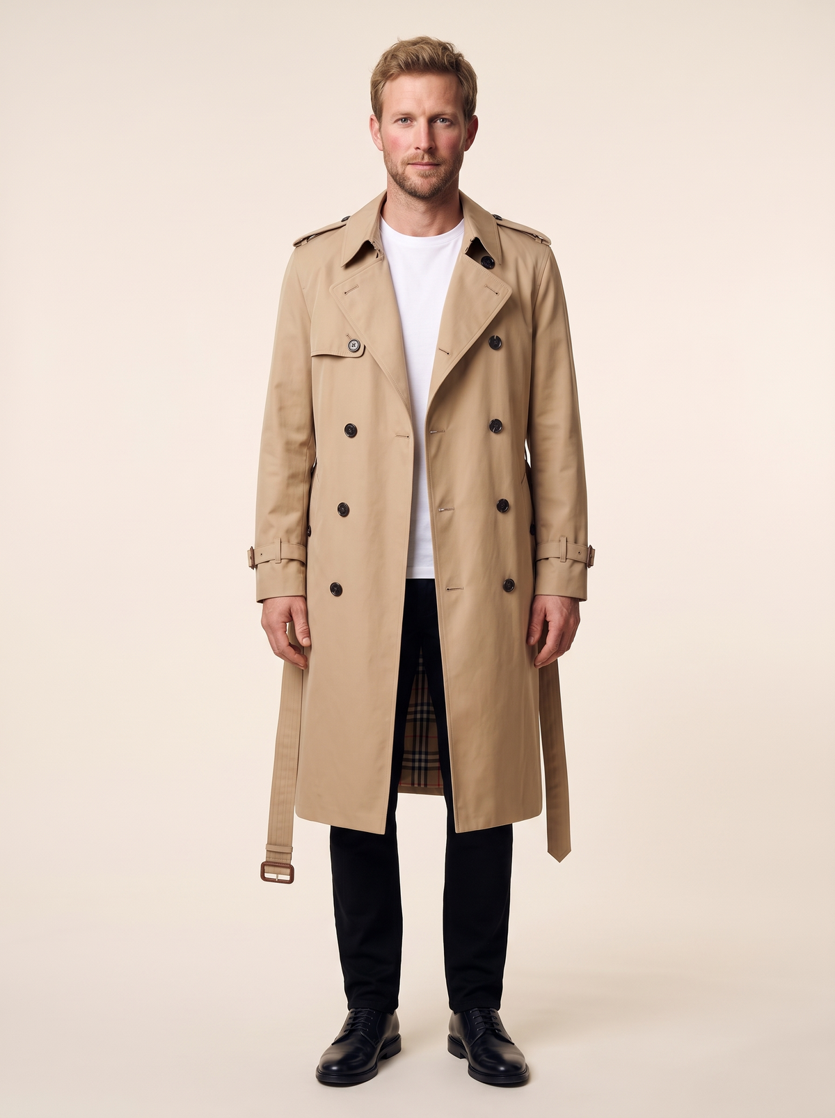 Long Double-Breasted Trench Coat – Khaki – on model
