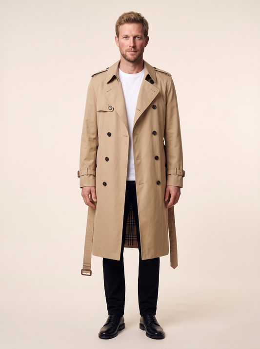 Long Double-Breasted Trench Coat – Khaki – on model