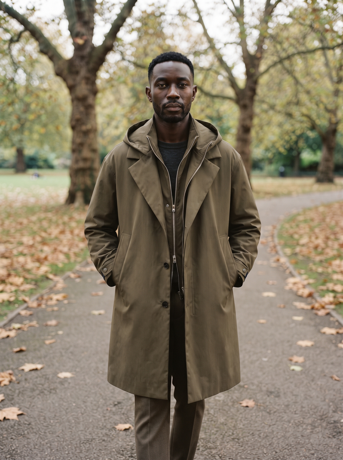 Longline Hooded Overcoat – Army Green – park walk