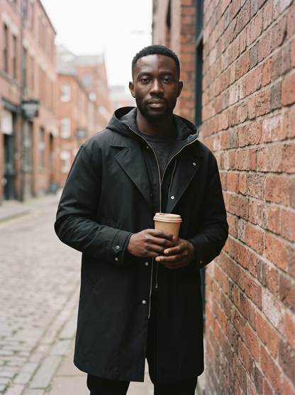 Longline Hooded Overcoat – Black – street