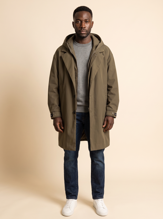 Longline Hooded Overcoat – Army Green – on model