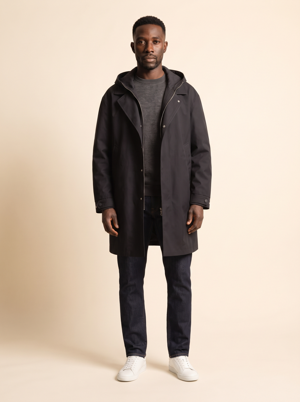 Longline Hooded Overcoat – Black – on model