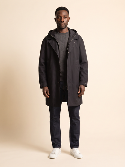 Longline Hooded Overcoat – Black – on model