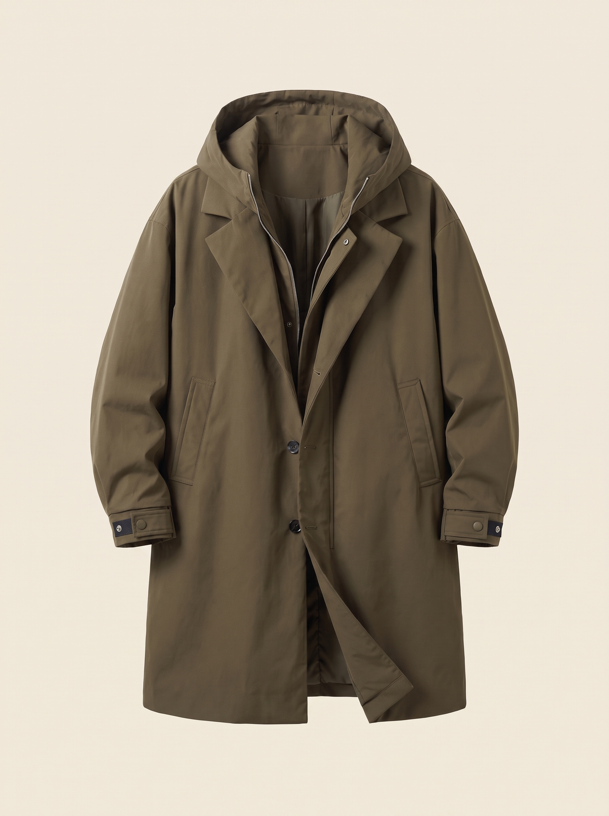 Longline Hooded Overcoat – Army Green – product view