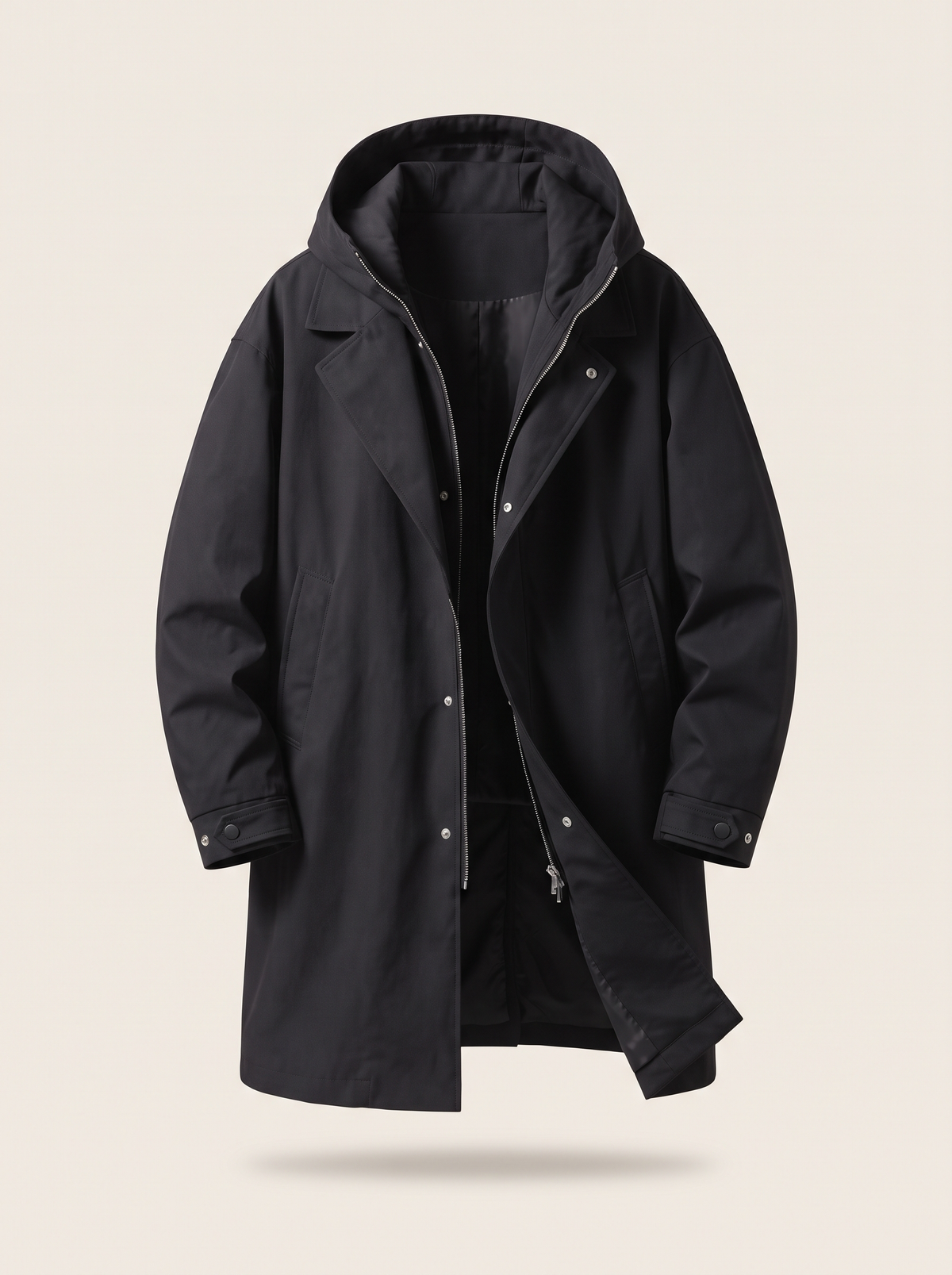 Longline Hooded Overcoat – Black – product view