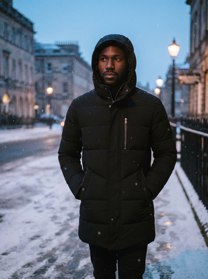 Hooded Longline Puffer Coat – Black – winter walk