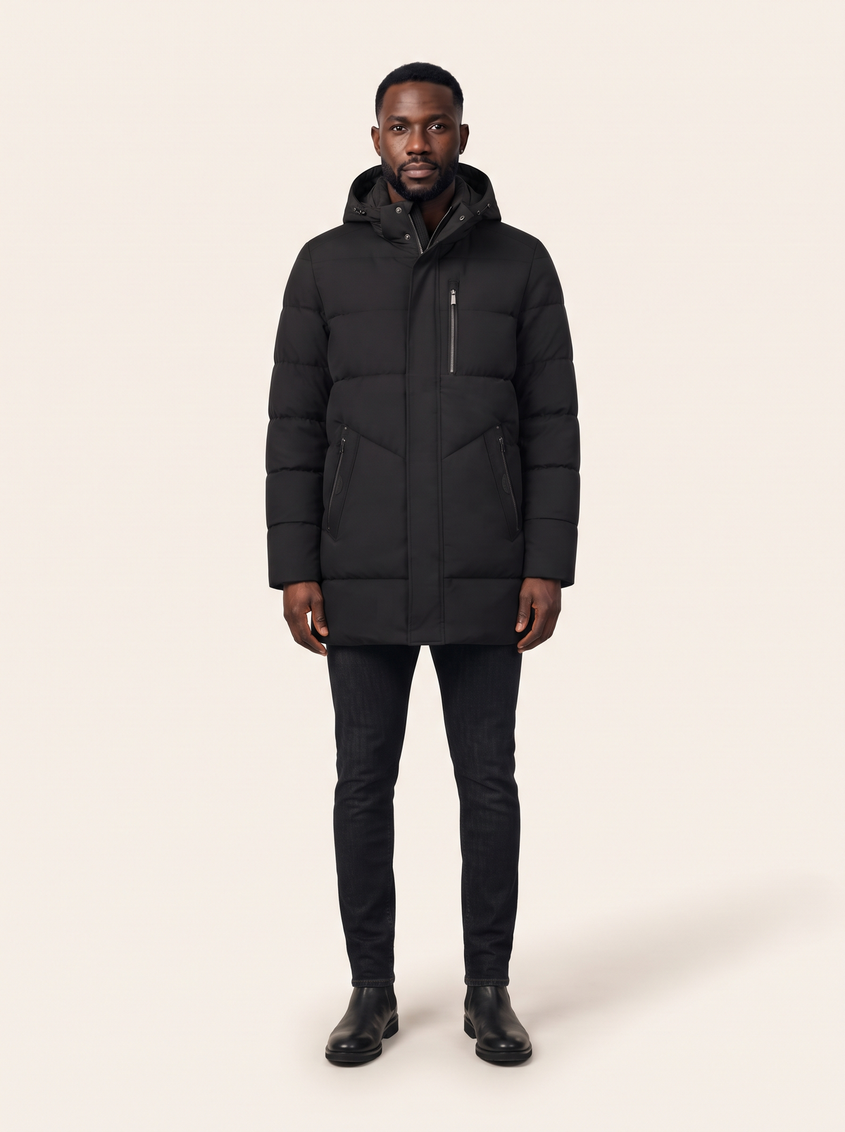 Hooded Longline Puffer Coat – Black – on model