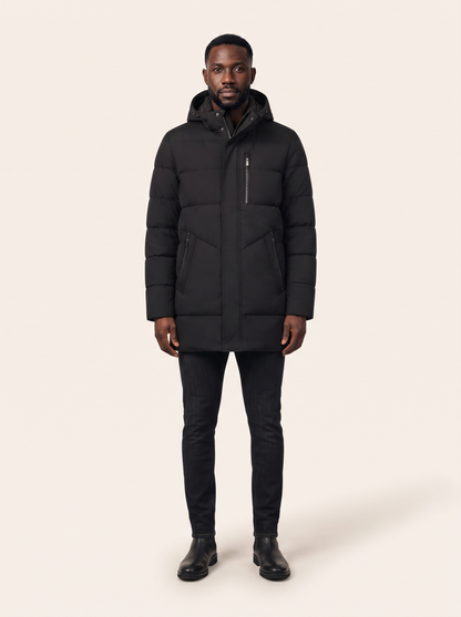 Hooded Longline Puffer Coat – Black – on model