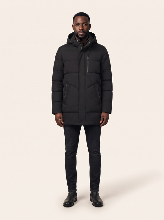 Hooded Longline Puffer Coat – Black – on model