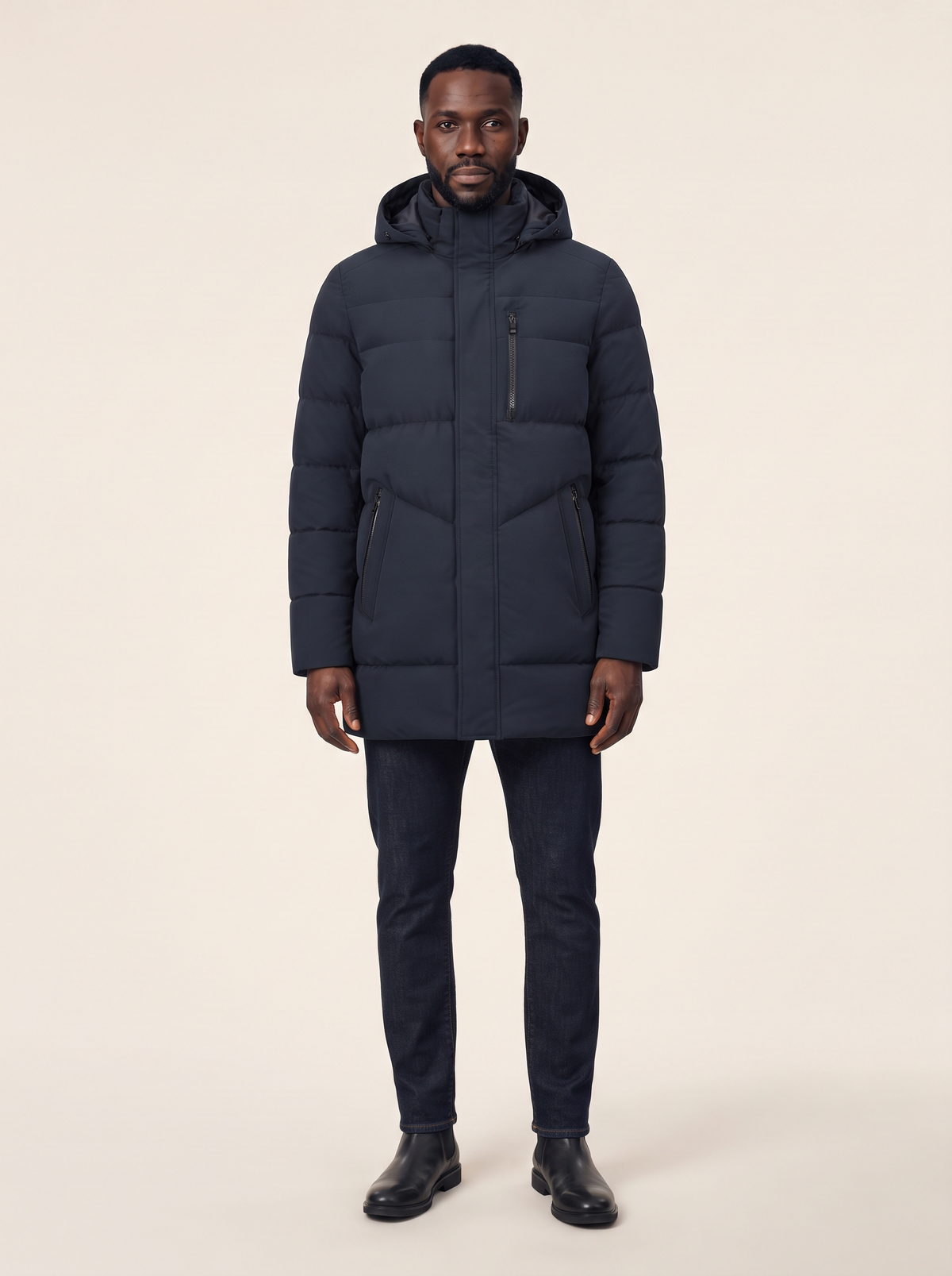 Hooded Longline Puffer Coat – Navy Blue – on model