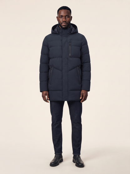 Hooded Longline Puffer Coat – Navy Blue – on model
