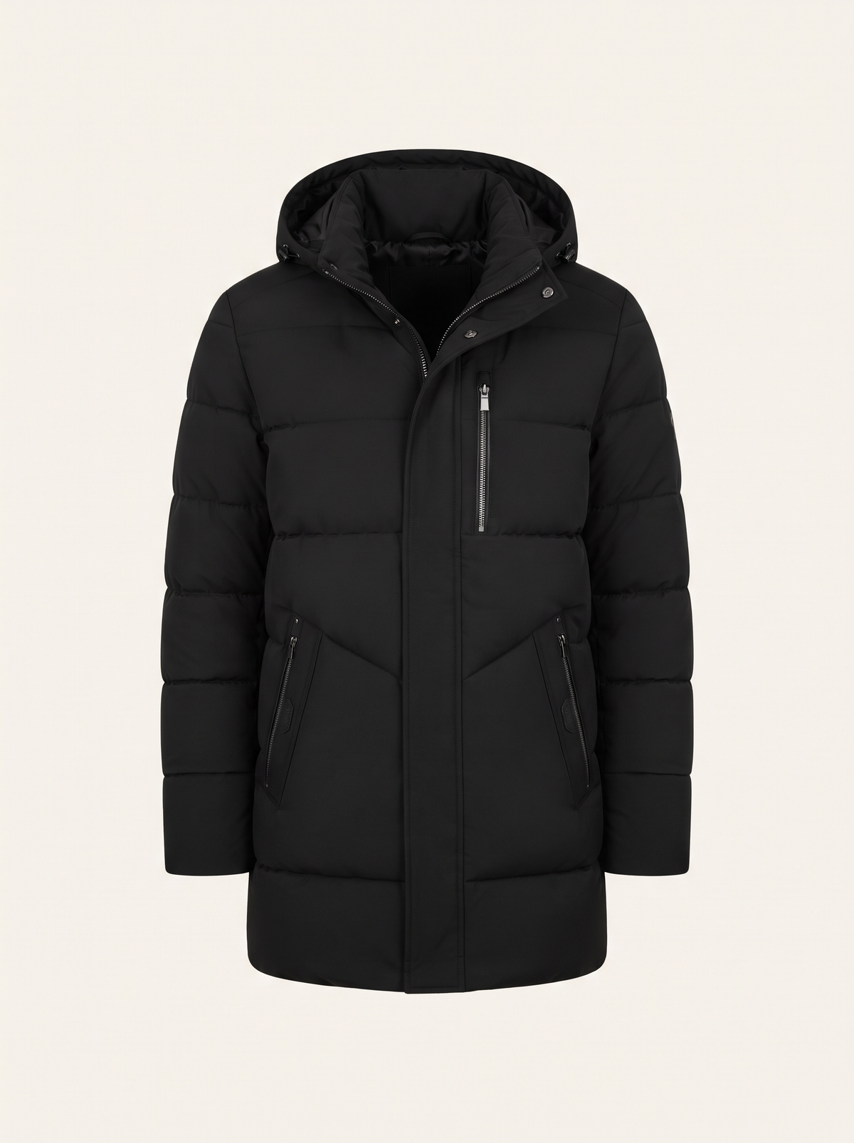 Hooded Longline Puffer Coat – Black – product view
