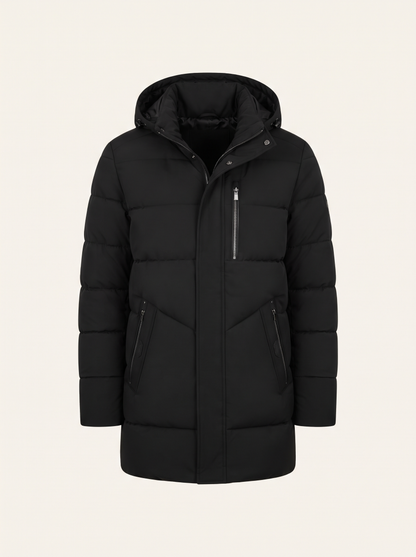 Hooded Longline Puffer Coat – Black – product view