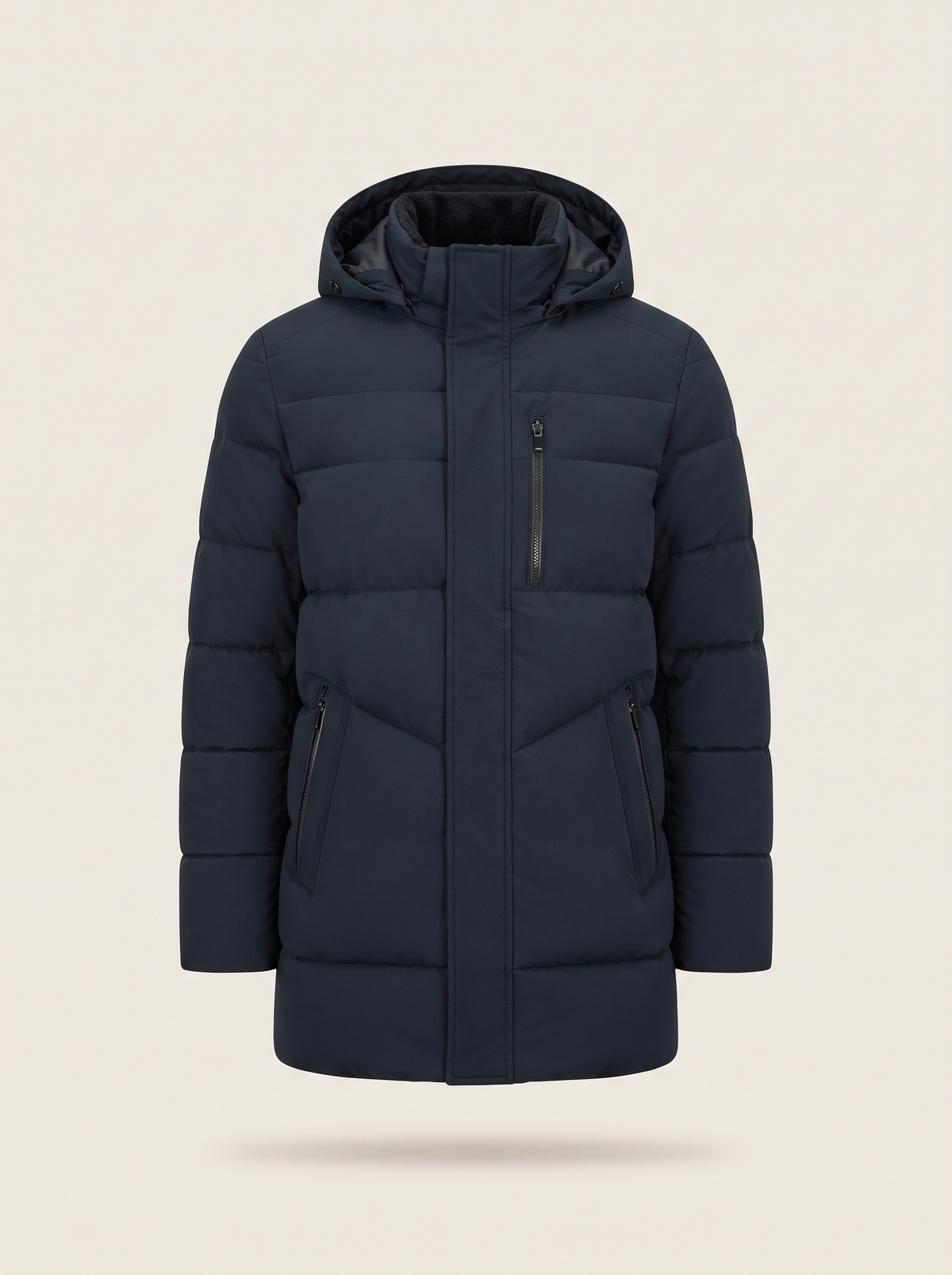 Hooded Longline Puffer Coat – Navy Blue – product view