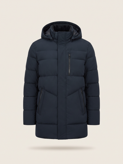 Hooded Longline Puffer Coat – Navy Blue – product view