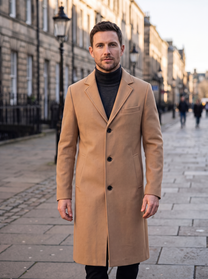 Longline Single-Breasted Overcoat – Khaki – city street