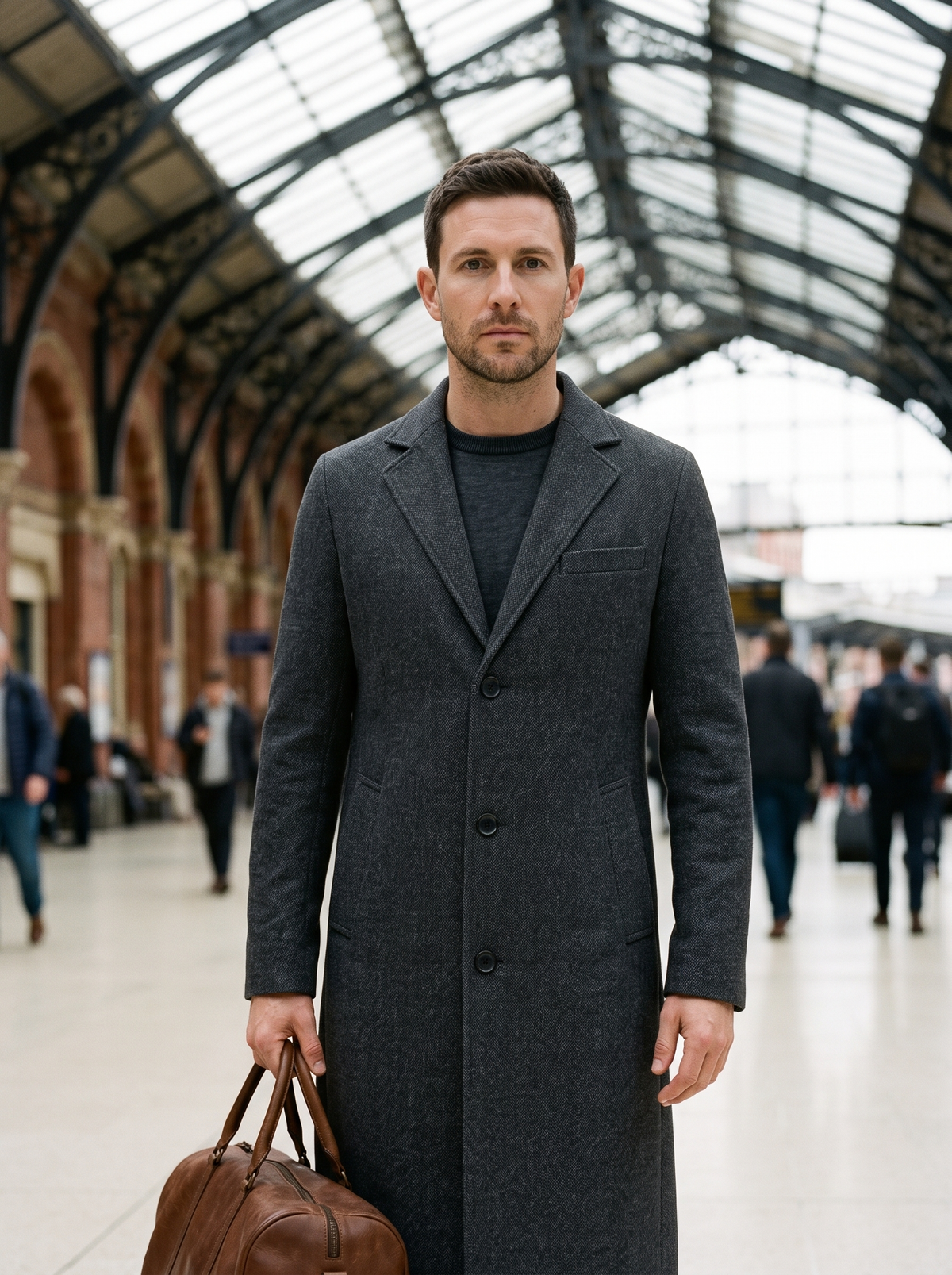 Longline Single-Breasted Overcoat – Dark Grey – railway station