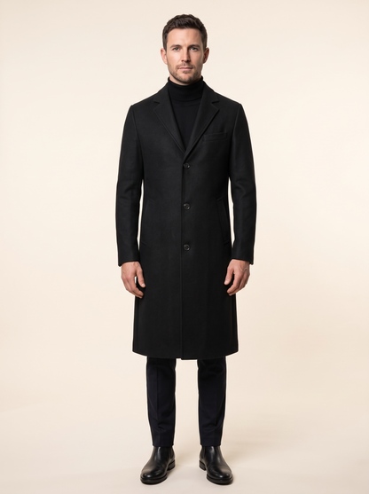 Longline Single-Breasted Overcoat – Black – on model