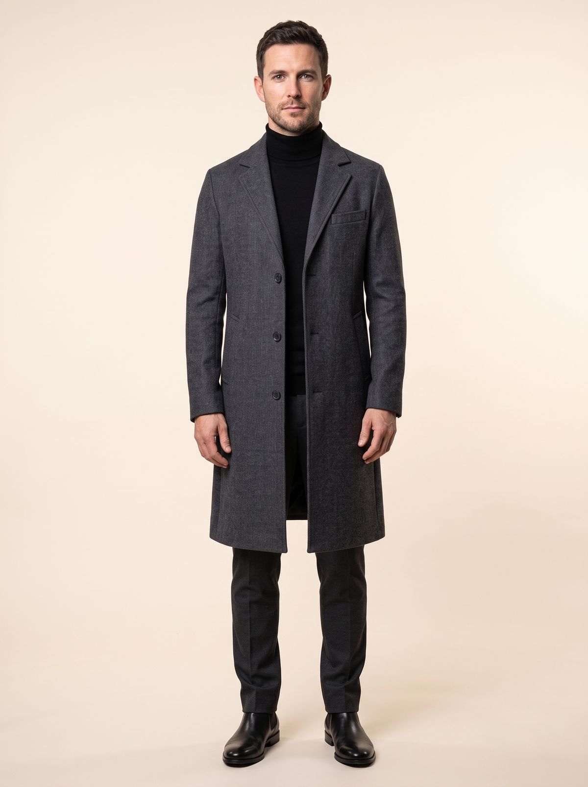 Longline Single-Breasted Overcoat – Dark Grey – on model