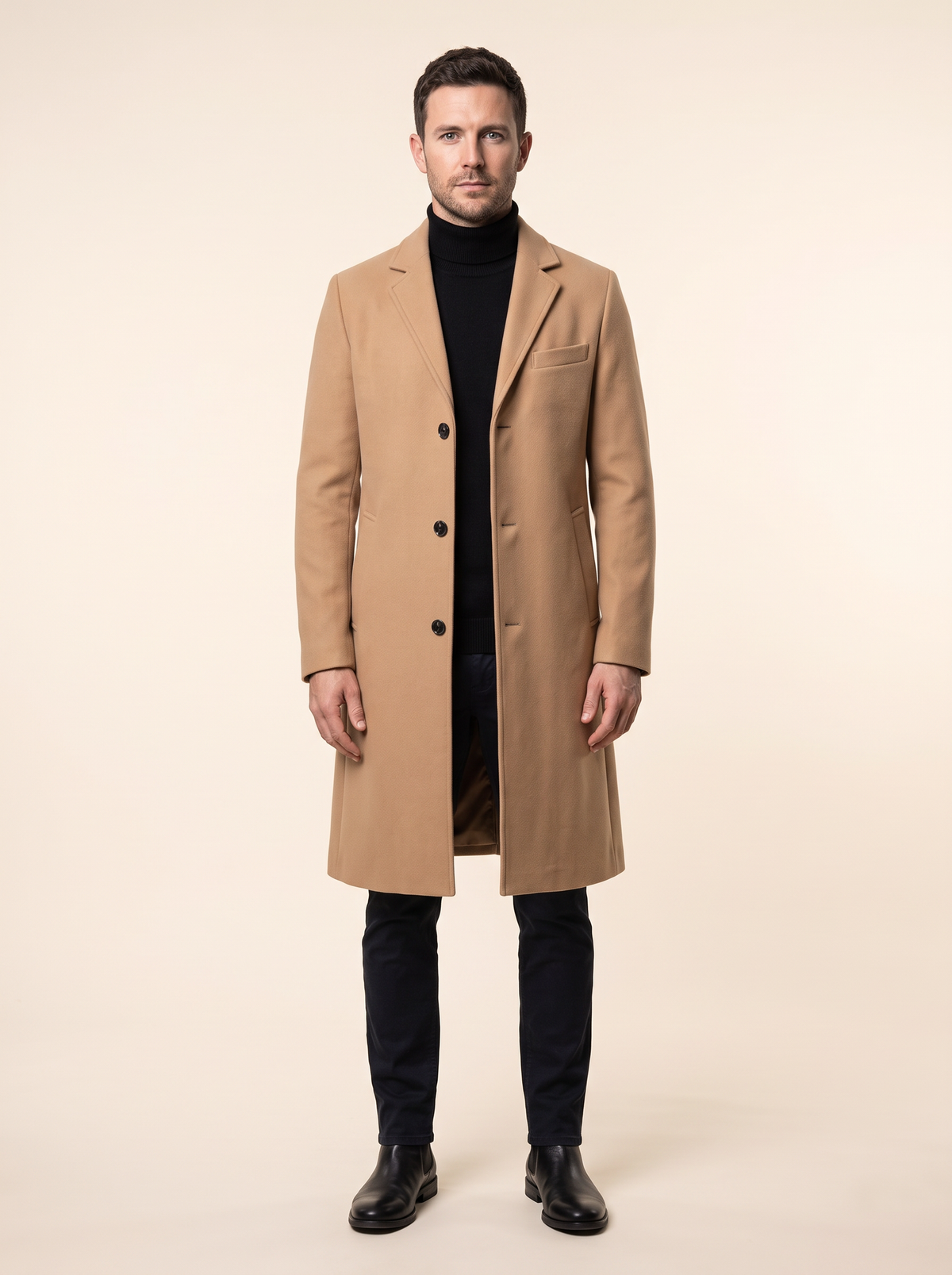 Longline Single-Breasted Overcoat – Khaki – on model