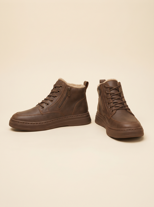 Plush-Lined Lace-Up Ankle Boots – Camel – product view