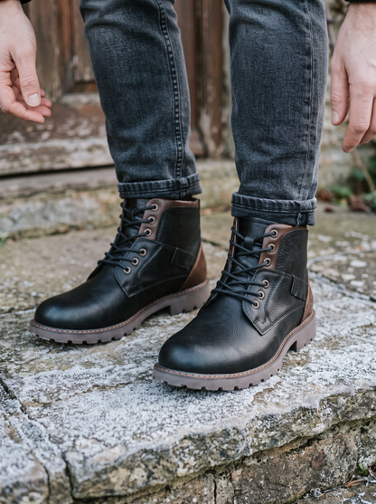 Retro Two-Tone Lace-Up Ankle Boots – Black – on-foot close-up