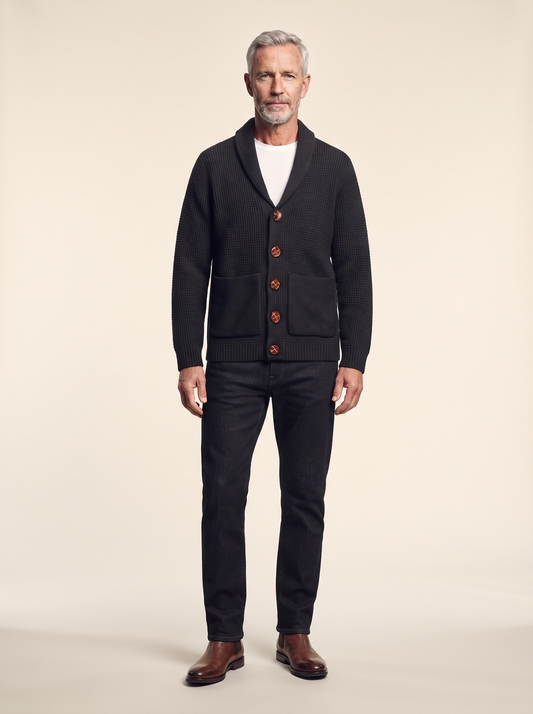Shawl Collar Waffle Knit Cardigan – Black – on model