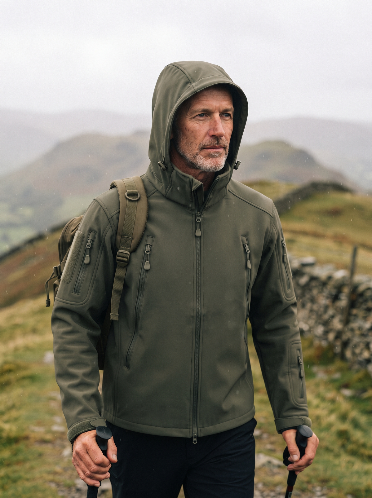 Fleece-Lined Softshell Jacket – Army Green – hill walk