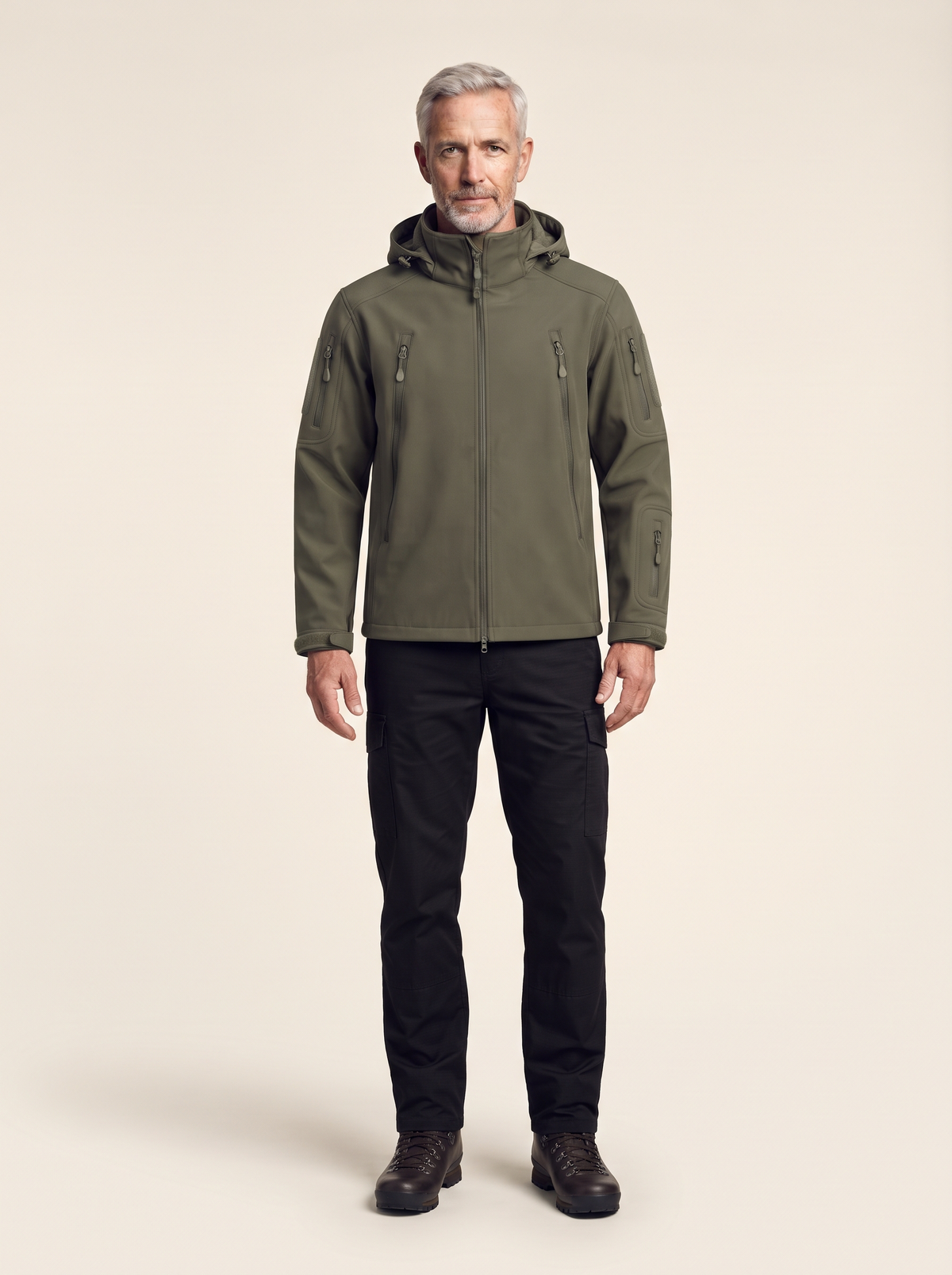 Fleece-Lined Softshell Jacket – Army Green – on model
