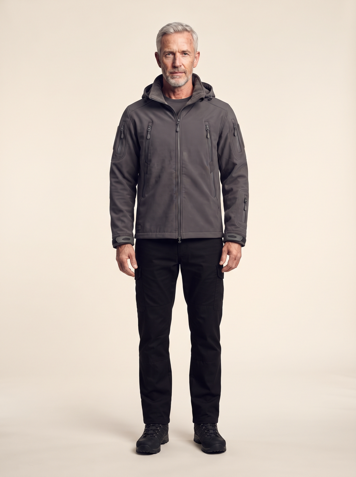 Fleece-Lined Softshell Jacket – Grey – on model