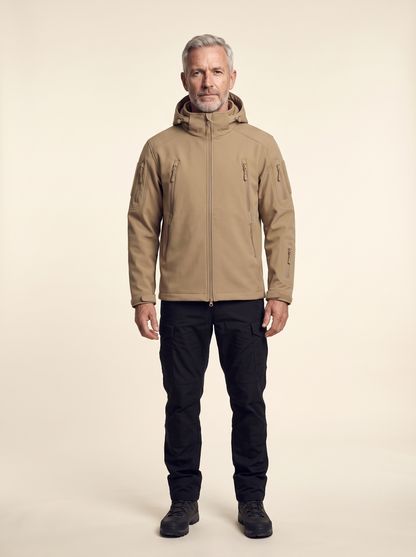 Fleece-Lined Softshell Jacket – Khaki – on model