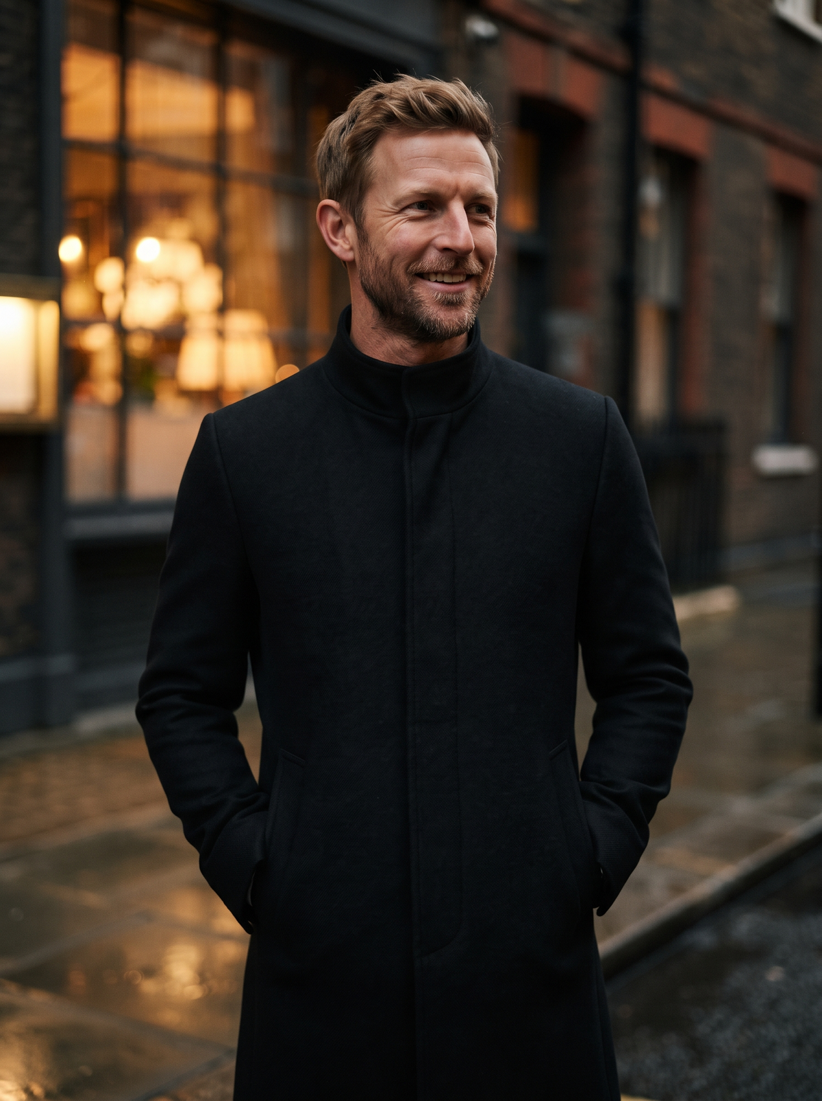 Slim-Fit Stand Collar Topcoat – Black – evening