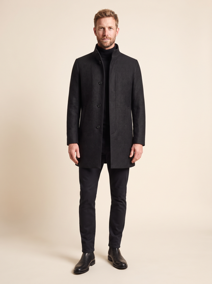 Slim-Fit Stand Collar Topcoat – Black – on model