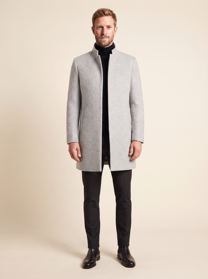 Slim-Fit Stand Collar Topcoat – Grey – on model