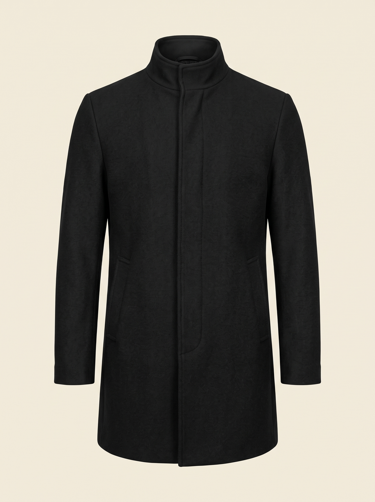 Slim-Fit Stand Collar Topcoat – Black – product view