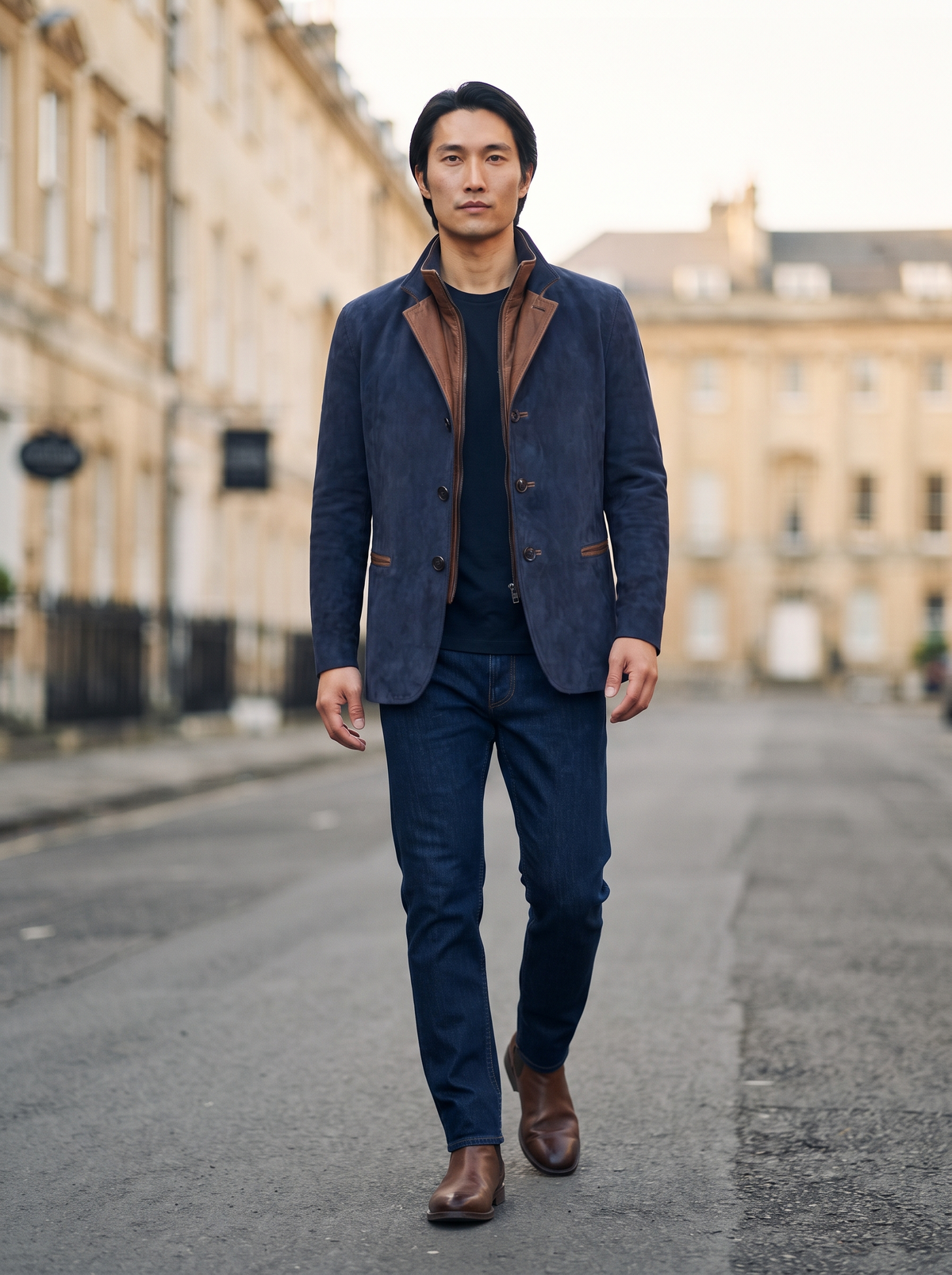 Suede-Effect Casual Jacket – Navy Blue – city walk