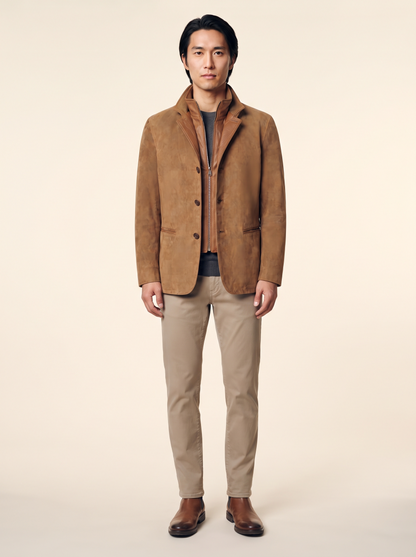 Suede-Effect Casual Jacket – Brown – on model