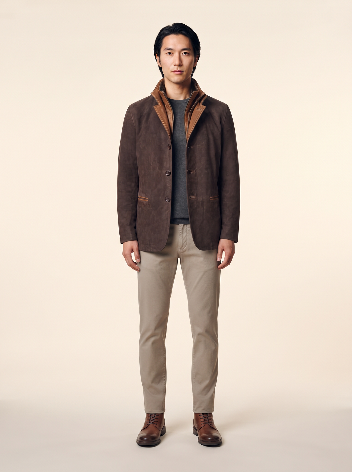 Suede-Effect Casual Jacket – Deep Brown – on model