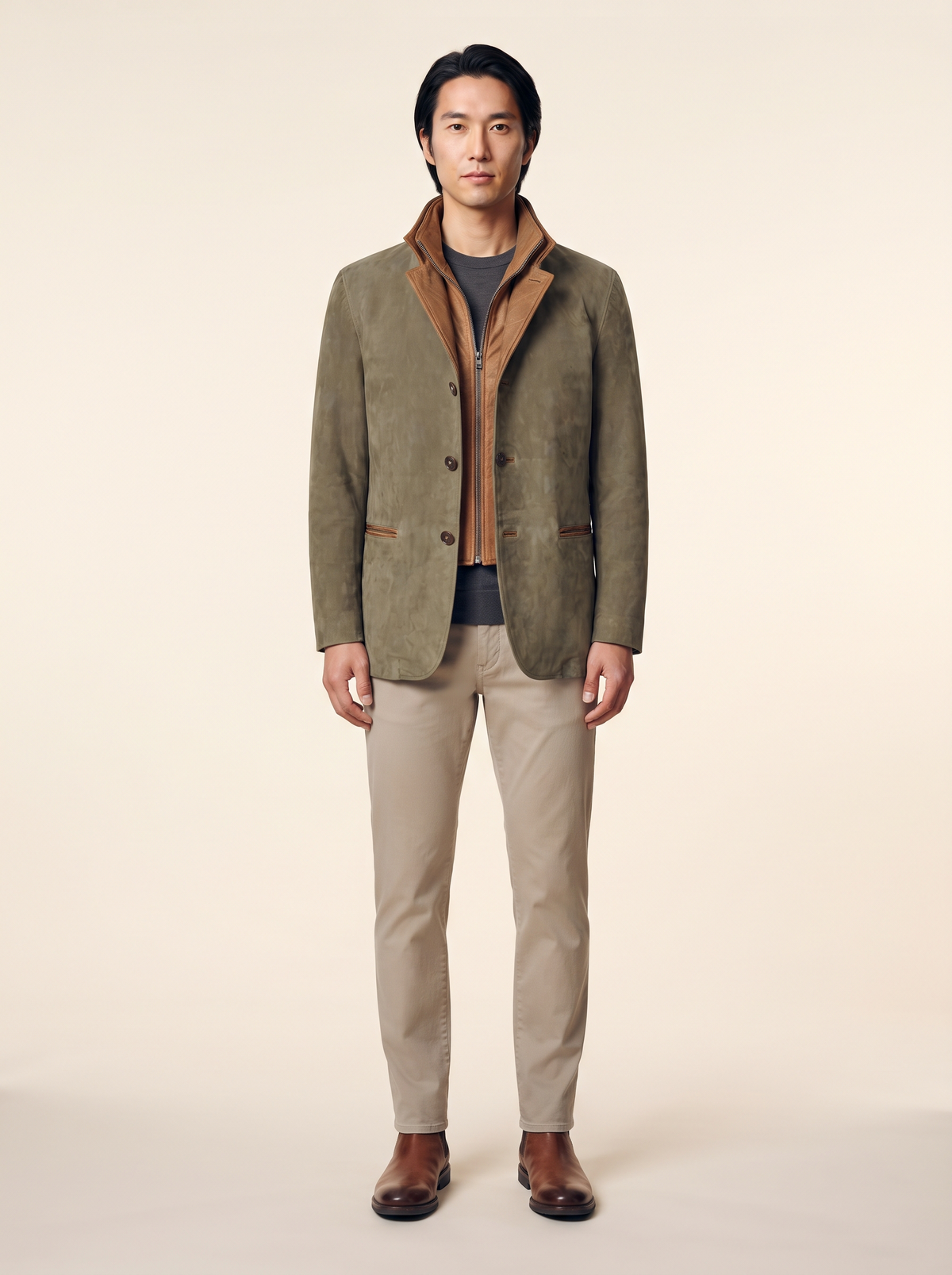 Suede-Effect Casual Jacket – Green – on model