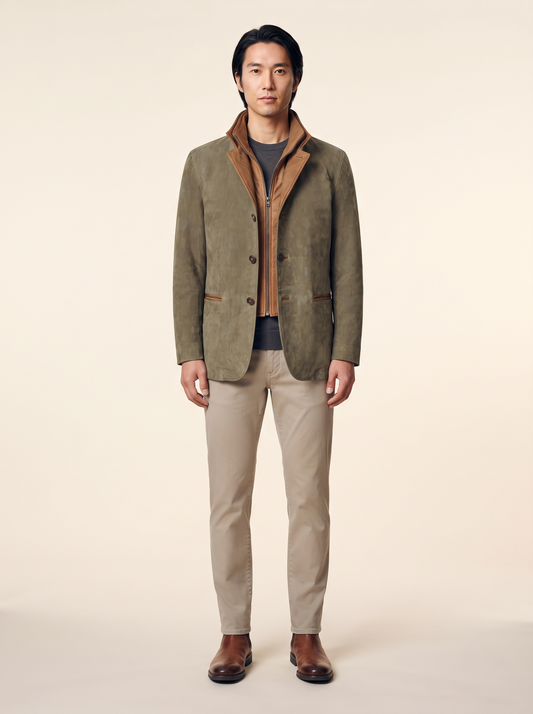 Suede-Effect Casual Jacket – Green – on model