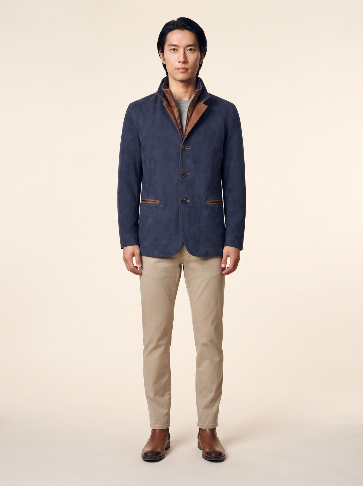 Suede-Effect Casual Jacket – Navy Blue – on model